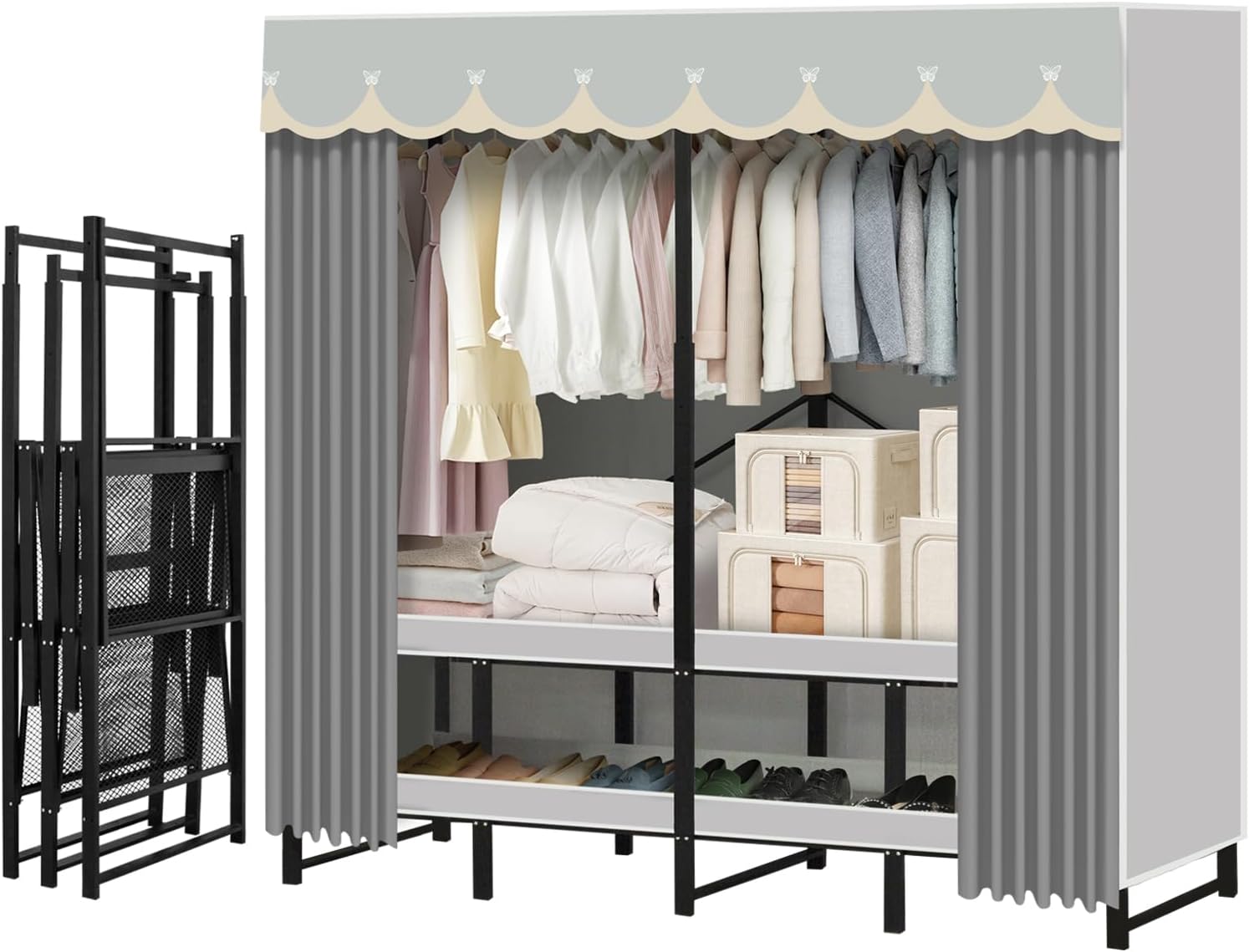 Portable Closet Rack Heavy-Duty Foldable Garment Racks with Cover 1200lbs Enclosed Wardrobe Closet with Independent Area for Hanging Clothes Storaging of Bedding (66in*20in*67in)
