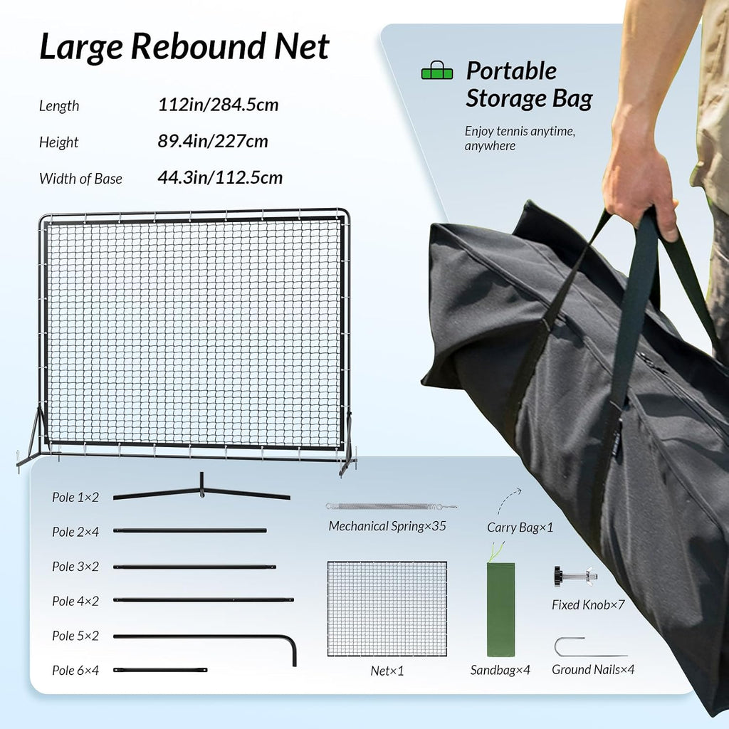 9.3*7.4ft Portable Tennis Rebounder Net, Tennis Practice Wall, Tennis Training Net for Tennis Racquet Sports Ball Pickleball, Tennis Backboard Net for Tennis Court Backyard Outdoor Training,