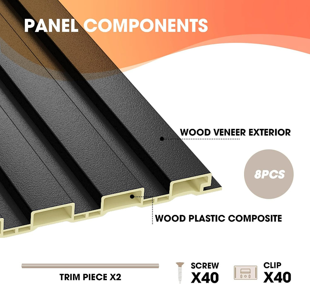 OUZUGIE WPC Acoustic Slat Wall Paneling, 8-Pack 96 x 6 Inches 3D Wall Panels for Interior Wall Decor,Living Room,TV Background,Study Room,Office Spaces,Bedroom,Low Grille (Black)