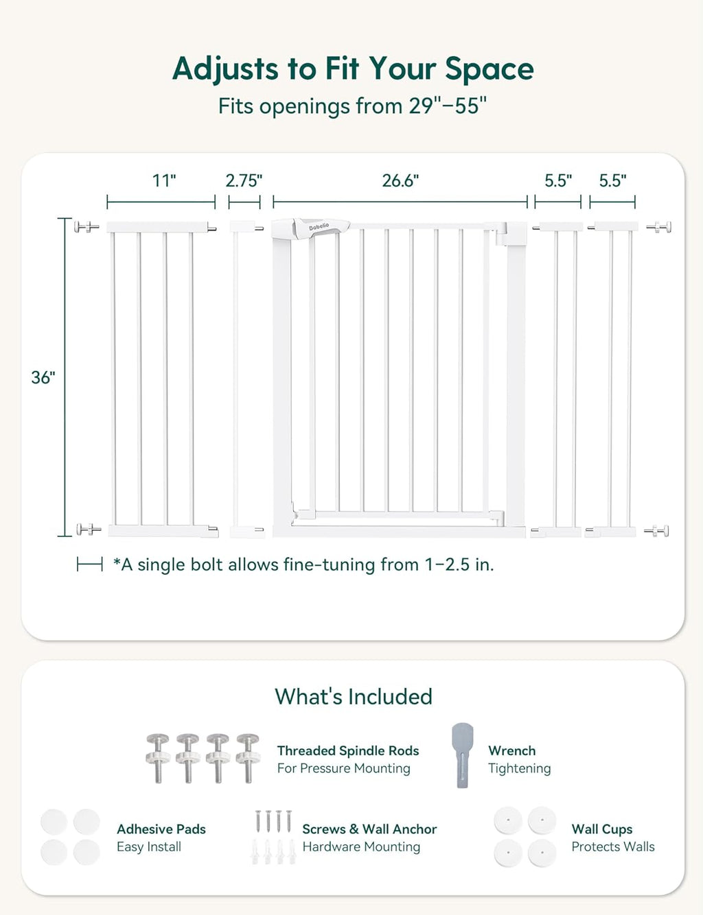 Babelio 36' Tall Baby Gate, PressGuard P7, 29-55' Auto Close Pressure Mounted Dog Gate for Doorways & Hallway, Basics Easy Walk Thru Pet Gate, Extra Wide Metal Child Gate, White