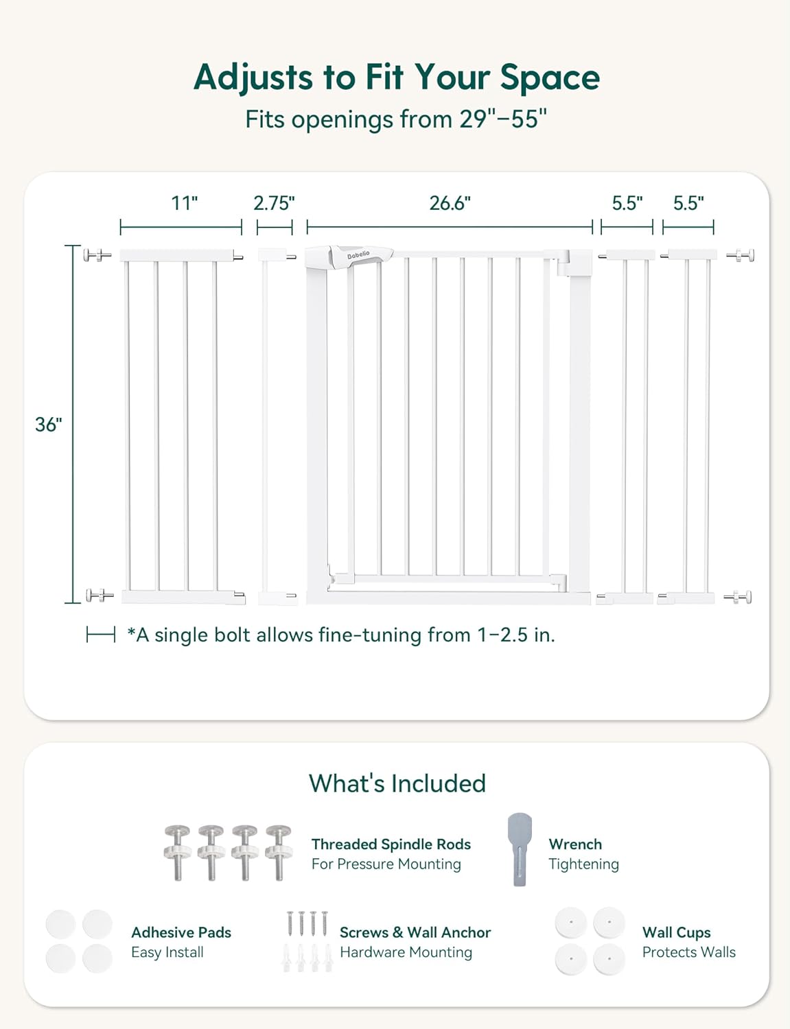 Babelio 36' Tall Baby Gate, PressGuard P7, 29-55' Auto Close Pressure Mounted Dog Gate for Doorways & Hallway, Basics Easy Walk Thru Pet Gate, Extra Wide Metal Child Gate, White