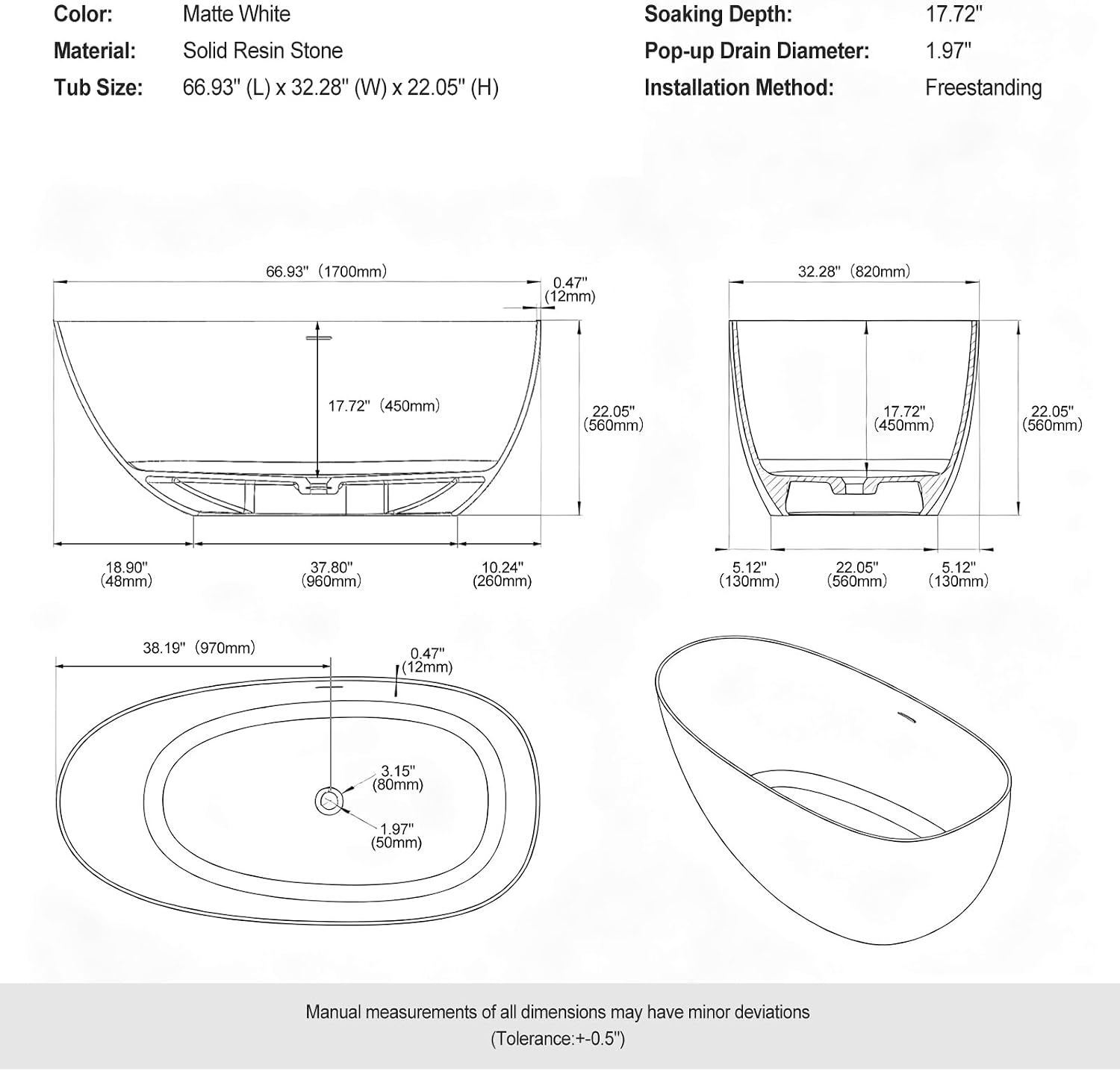Stone Resin Freestanding Bathtubs,67'Solid Surface Matte White Contemporary Luxury Free Standing Oval Soaking Tub,Egg Shell Bathroom decor Bath tub with Drain & Integrated Slotted Overflow