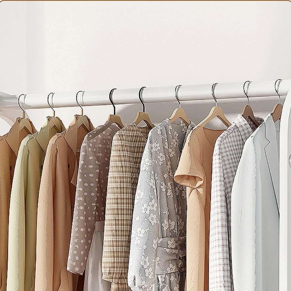 Heavy Duty Clothes Rail with Wheels and Dust Cover, Bamboo Garment Rack with Shelves, for Bedroom Home (White 50x32x165cm)