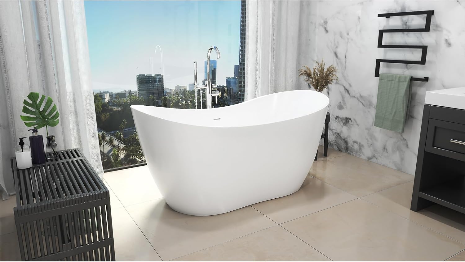 DreamLine Nile 67 inch L x 28 3/8 inch W x 28 3/8 inch H Freestanding Acrylic Bathtub with Matte Black Drain