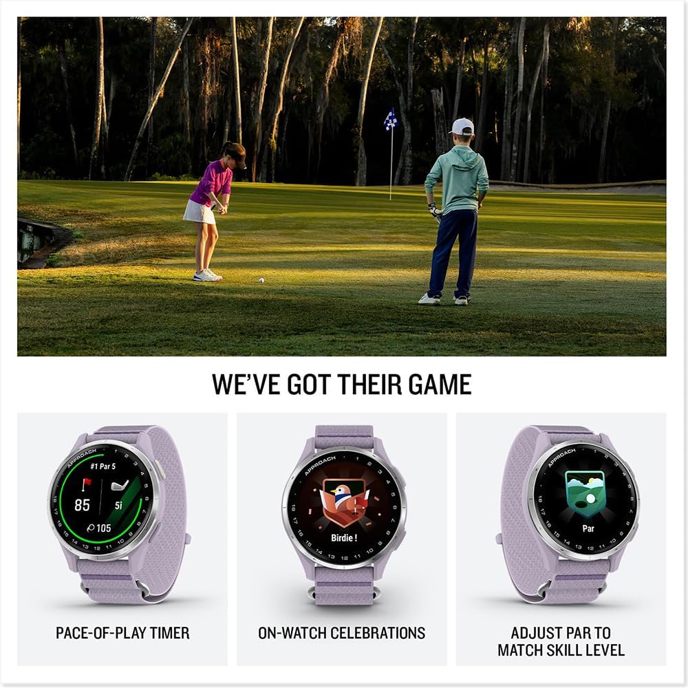 Garmin Approach J1 Silver Aluminum Bezel with Lilac ComfortFit Fabric Band 010-03898-10 Bundle with 26‑Month Protection Plan, 3X Deco Essentials Silicone Dust Cover and 2X Screen Protector