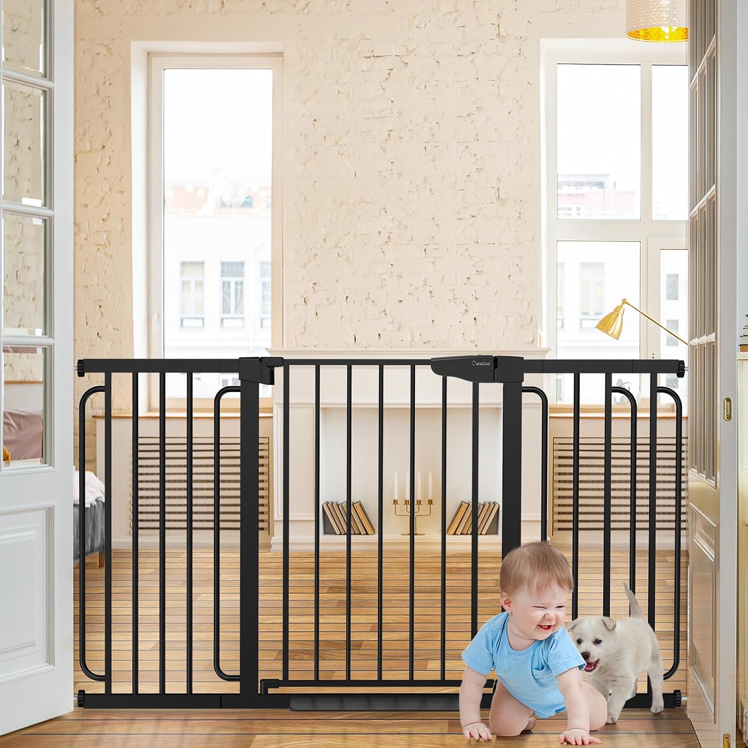 Cumbor 29.7-57' Extra Wide Baby Gate for Stairs, Mom's Choice Awards Winner-Dog Gate for Doorways, Pressure Mounted Walk Through Safety Child Gate for Kids Toddler, Tall Pet Puppy Fence Gate, Black