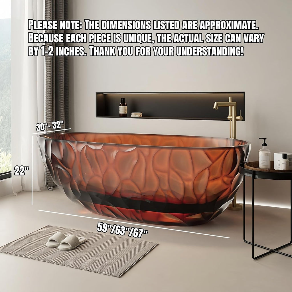 67' Edeyeu Clear Freestanding Bathtub – Designer Solid Surface Bathtub With Ripple Texture, Extra Deep Soaking Tub, Ergonomic Stand Alone Tub For Modern Luxury Bathrooms C