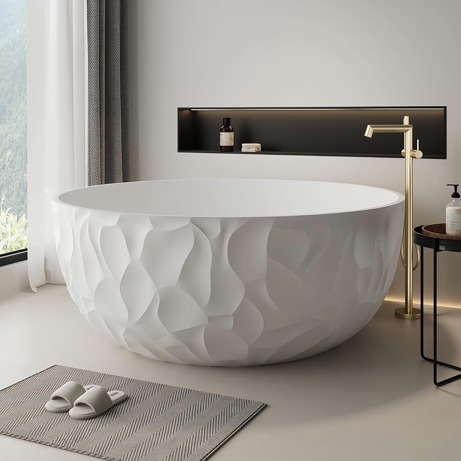 59' Edeyeu Freestanding Bathtub – Modern Solid Surface Bathtub With Ripple Design, Extra Deep Soaking Tub, Ergonomic Stand Alone Tub For Luxury Bathroom Spaces A