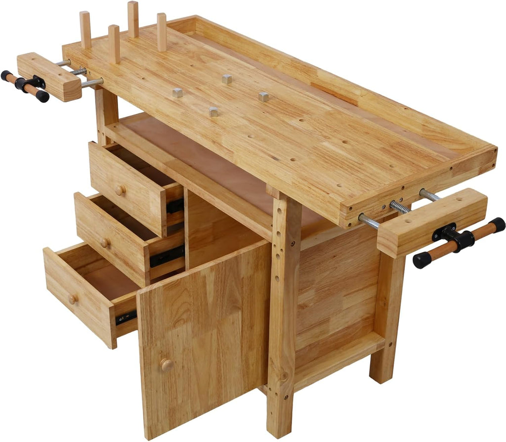 Gecheer Wooden Workbench for Garage and Workshop – Rubberwood Table with 3 Drawers, 1 Cabinet, Bar Clamps Set (2x12 + 2x24), 55'x24.4'x33.1'