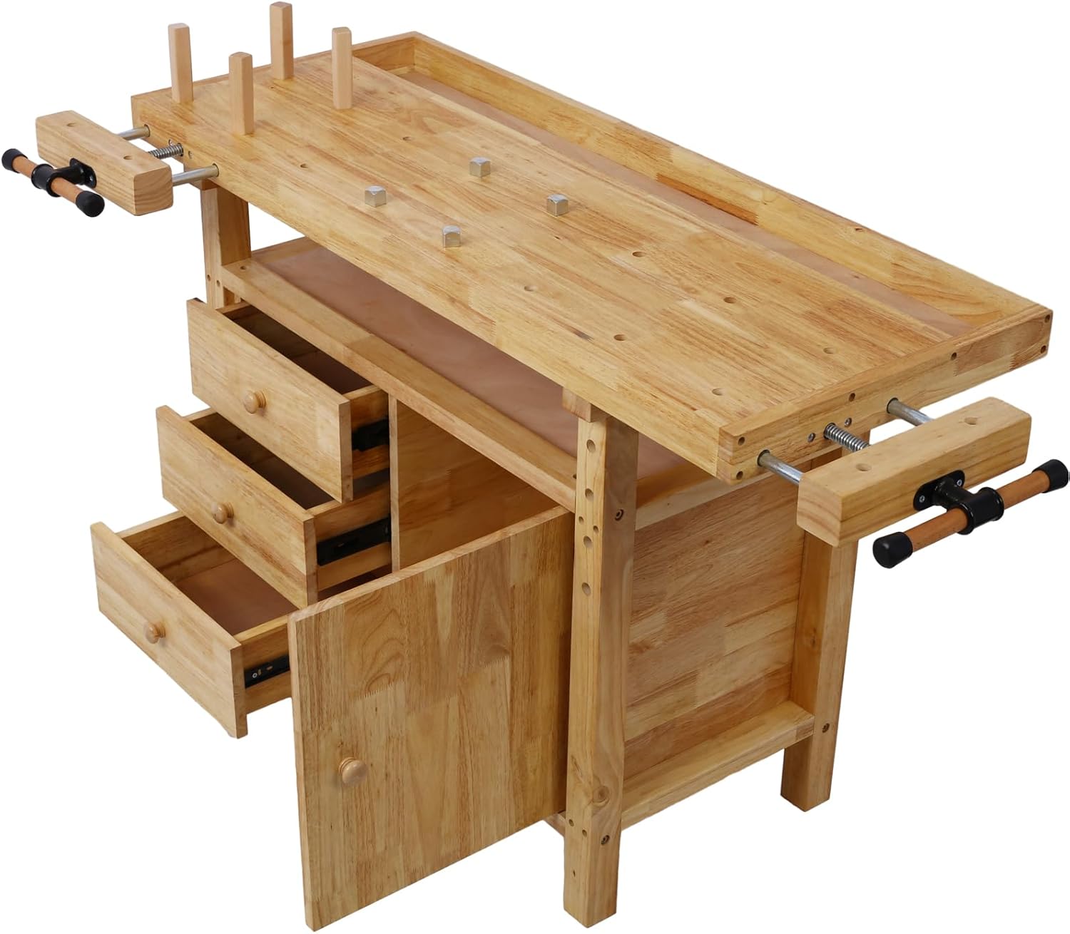 Gecheer Wooden Workbench for Garage and Workshop – Rubberwood Table with 3 Drawers, 1 Cabinet, Bar Clamps Set (2x12 + 2x24), 55'x24.4'x33.1'
