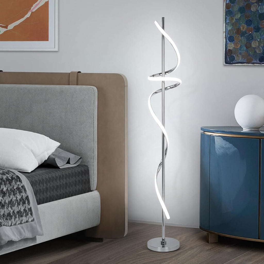 Modern Floor Lamp with Remote Control, Dimmable LED Floor Lamp for Living Room, 48W Spiral Floor Light with 3 Color Temperatures, Chrome Standing Tall Lamp for Bedroom Dining Rooms Home Offices
