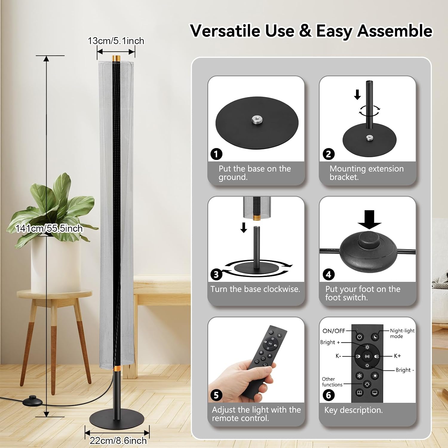 NUÜR Modern Floor Lamp, Dimmable Standing Lamp with Remote Control, Stepless Adjustable Colours & Brightness, Industrial Lighting for Living Room, Bedroom, Office (Floor Lamp for Bedroom)