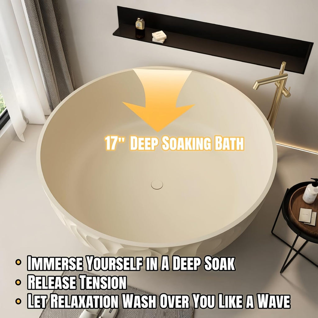 59' Edeyeu Freestanding Bathtub – Modern Solid Surface Bathtub With Ripple Design, Extra Deep Soaking Tub, Ergonomic Stand Alone Tub For Luxury Bathroom Spaces C