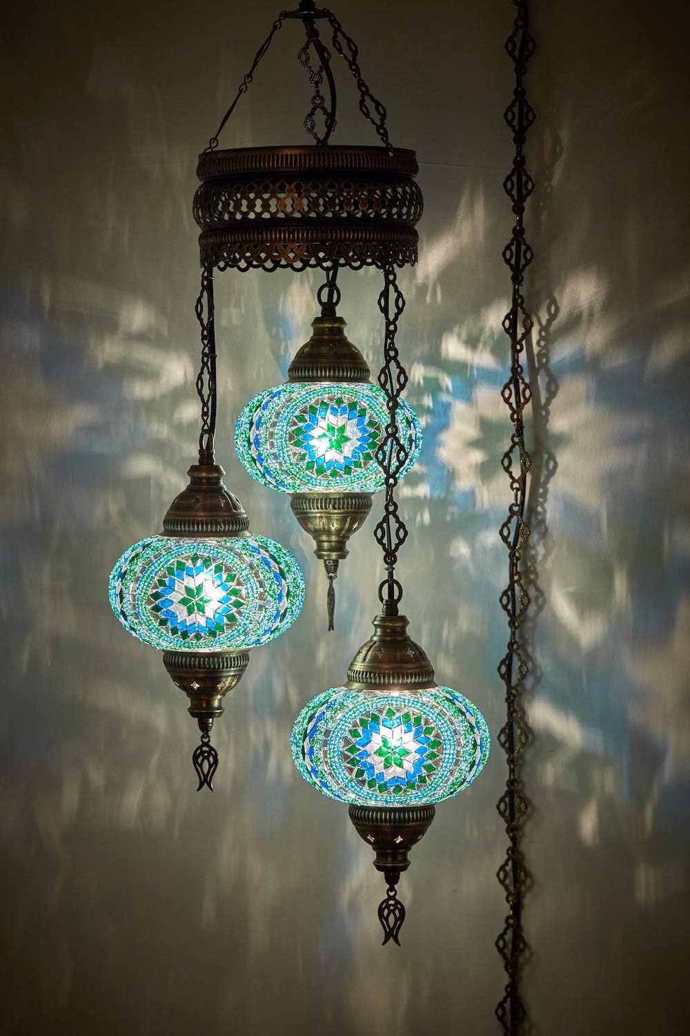 DEMMEX Plug-in Turkish Hanging Lamp, Handmade Moroccan Mosaic Chandelier Pendant Light Fixture with 15-ft Cord & Chain, Decorative Ceiling Lamp for Living Room, Bedroom, 3 Large 7'' Globes, 3.5 ft.