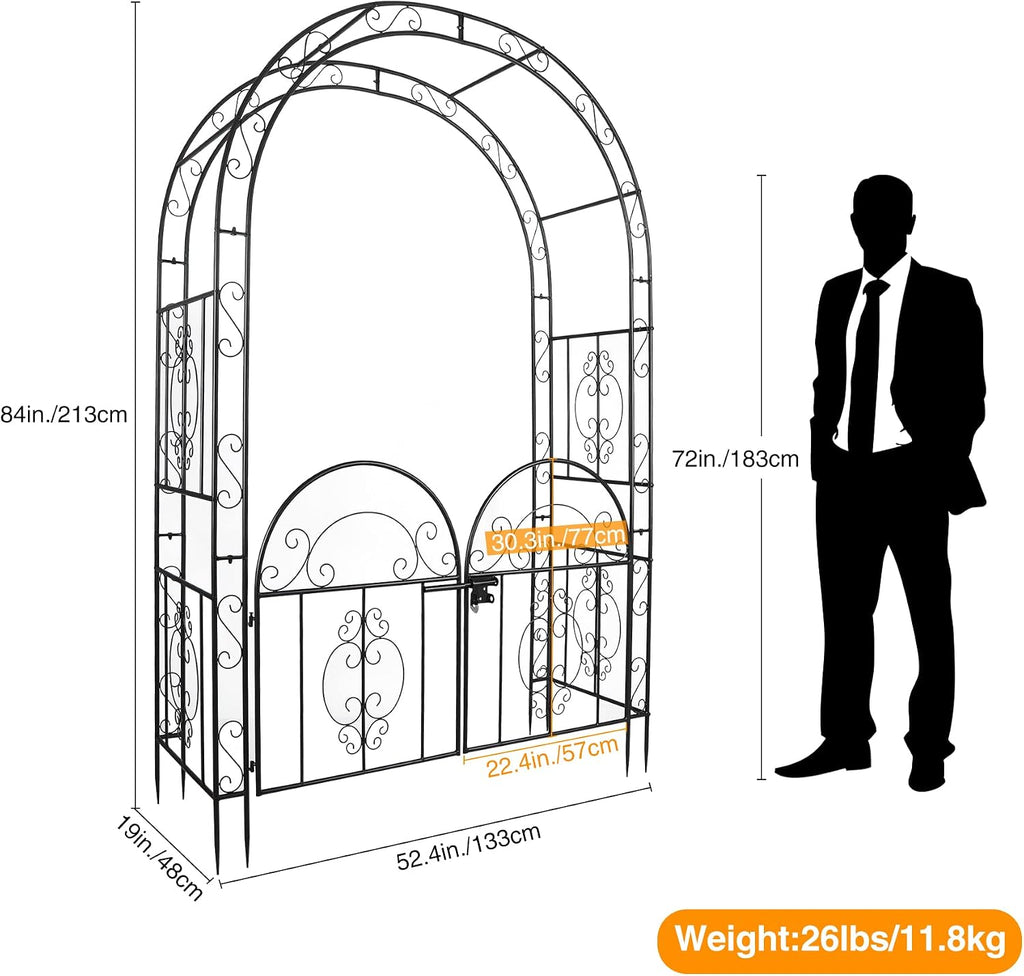 84in High Metal Garden Arbor with Gate, Heavy Duty Wide Garden Arch, Metal Arch Trellis with Gate for Climbing Plant, Wedding, Outdoor Patio Decor, Black(84'x52.4'x19')