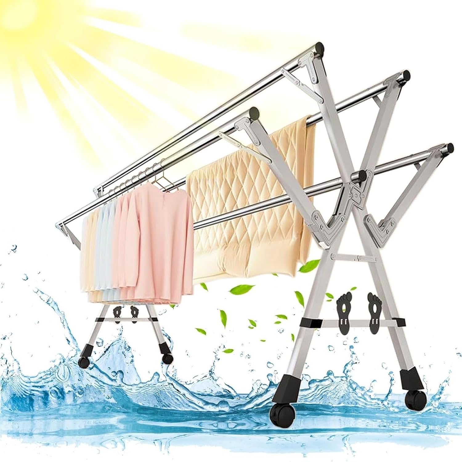Collapsible Clothes Drying Racks Foldable, Garment Rack Heavy Duty with Wheels, Laundry Rack for Drying Clothes, 5 Rod Stainless Steel Laundry Stand, for Clothe,135-200cm