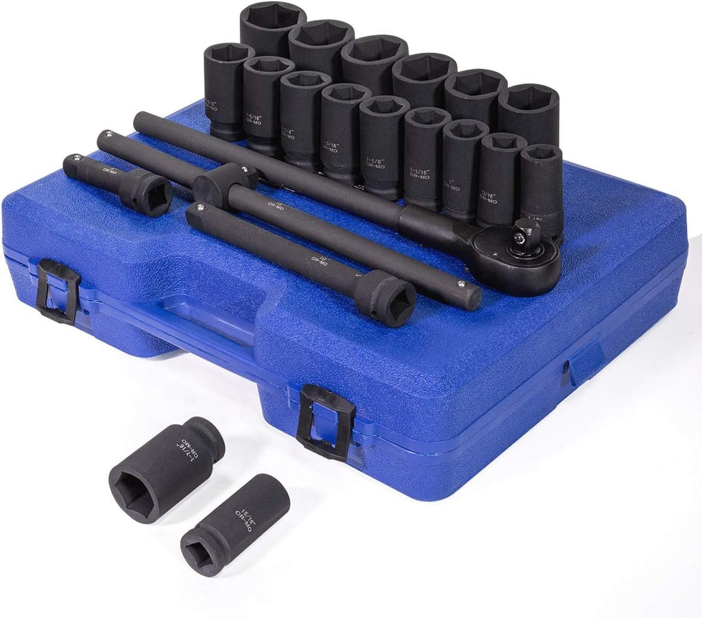 Stark USA 22-Pieces 3/4 Inch Drive Deep Impact Socket Set Cr-Mo Steel SAE Socket Extension Bar Sliding T-Bar (7/8' to 2' inch) with Carrying Case