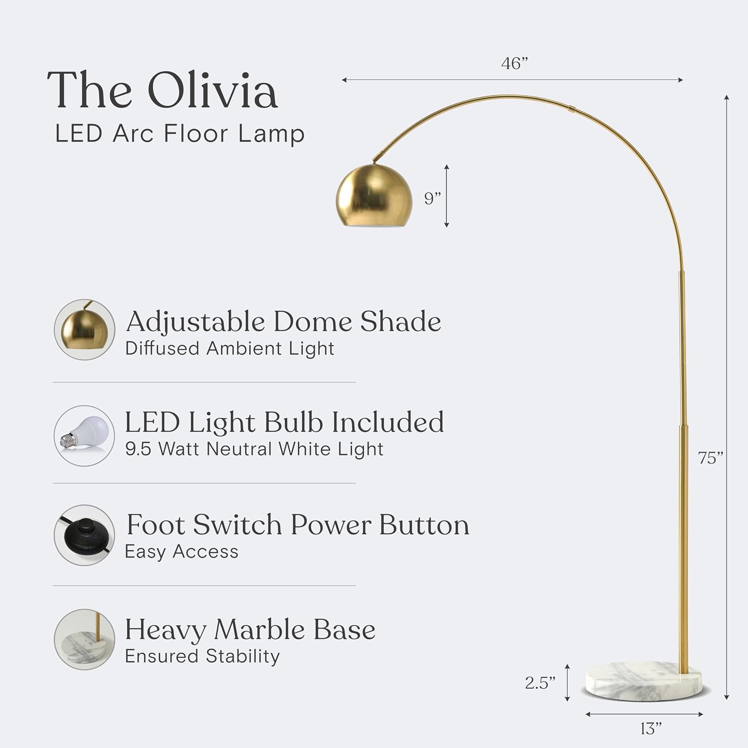 Brightech Olivia Floor Lamp - Chic Arc Lamp with Rounded Spolight Head and Marble Base for Living Room, Tall Standing Lamp with LED Light Bulb for Bedroom Reading, Boho Home Decor for Office - Brass
