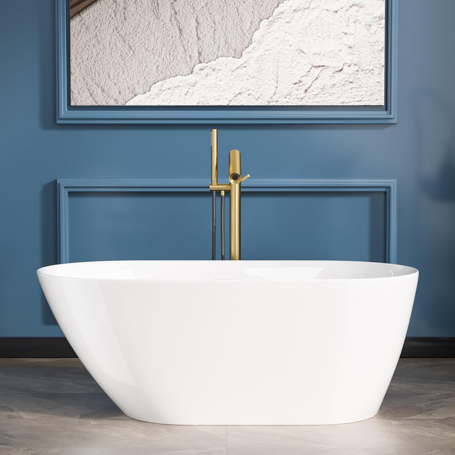 Sarlai 59 Inch Acrylic Freestanding Soaking Bathtub Contemporary Soaking White Tub Stand Alone Ergonomic Bathtub with Chrome Drain and Overflow