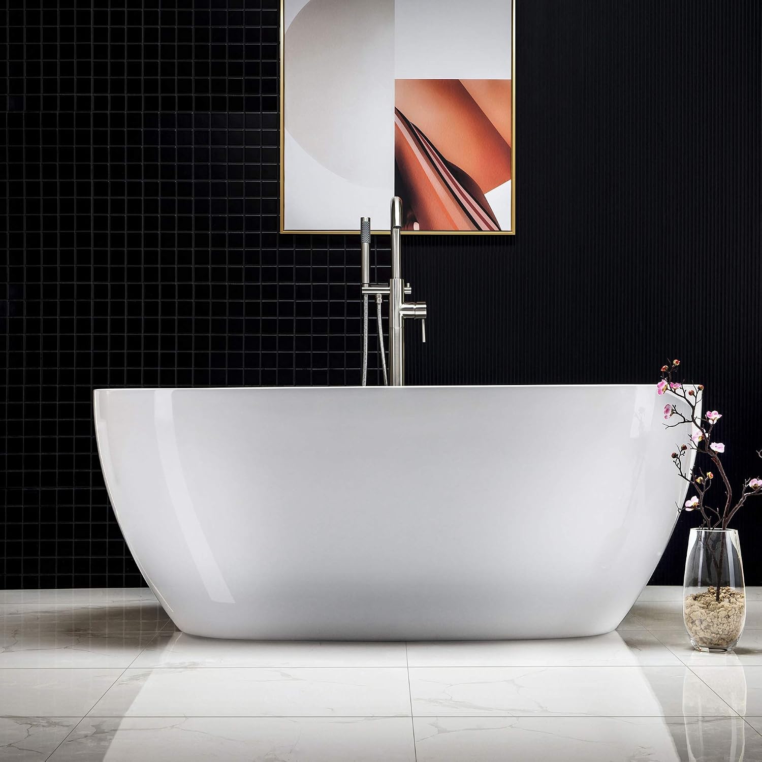 WOODBRIDGE 59'Freestanding White Acylic Soaking Bathtub with Brushed Nickel Drain and Overflow,BTA1518 -B/N-Drain &O