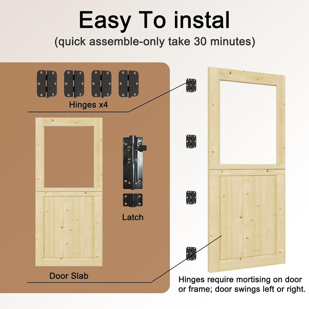 Exterior Dutch Door Slab, 32' x 80', Universal Tempered Clear Glass Split Single Doors, Solid Core Home Door, Natural Pine Wood - with 4 Black Hinges & 1 Latch, Without Jamb