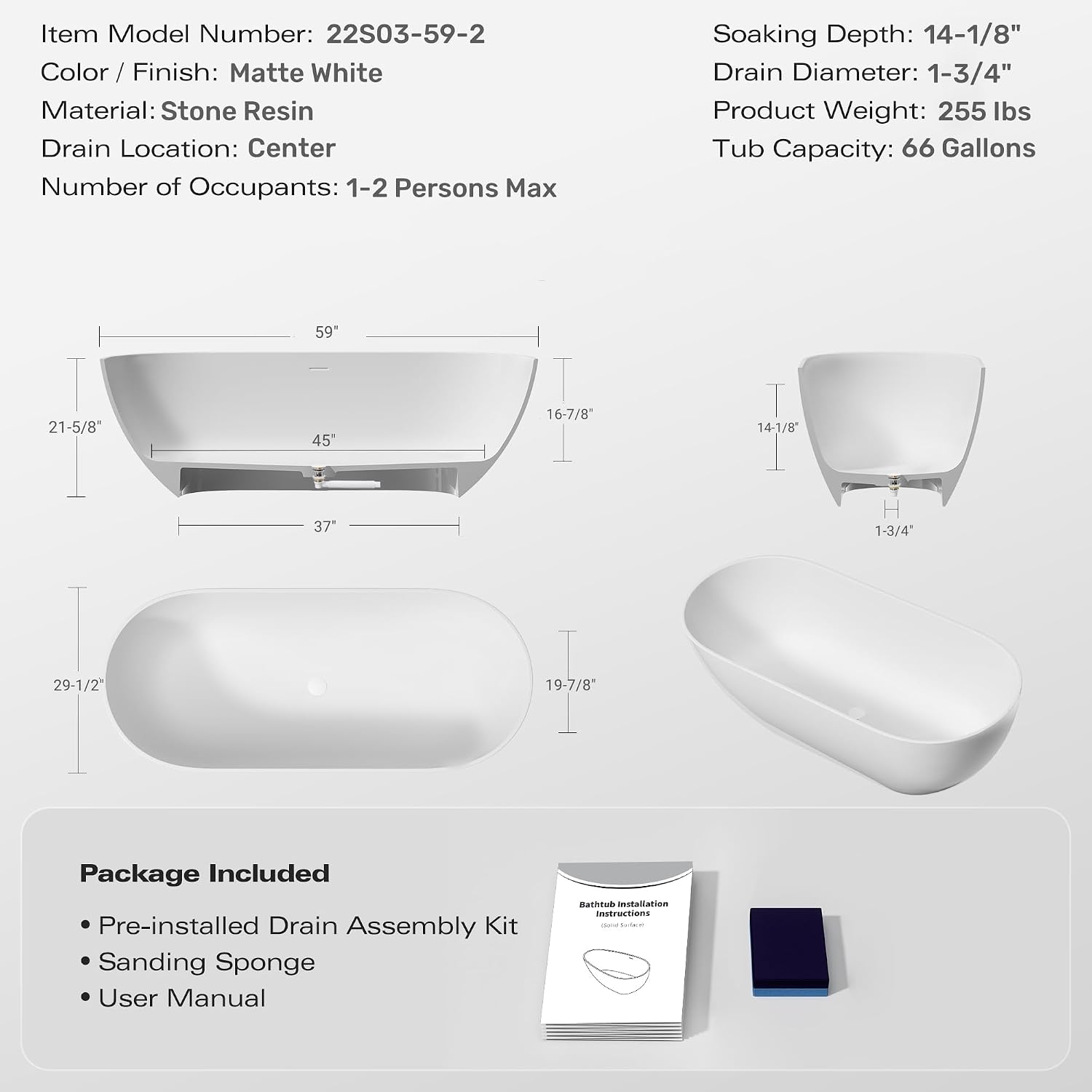 Immerse Yourself in Unmatched Luxury with Our Handcrafted Solid Surface Freestanding Bathtub - Perfect for Relaxation and Rejuvenation 22S03-59-2