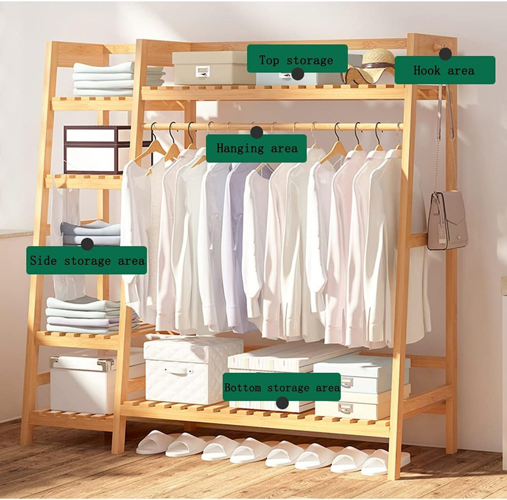 Wooden Clothing Garment Rack with Shelves, Heavy Duty Clothes Hanging Rails, Multifunctional Open Wardrobe for Bedroom and Living Room