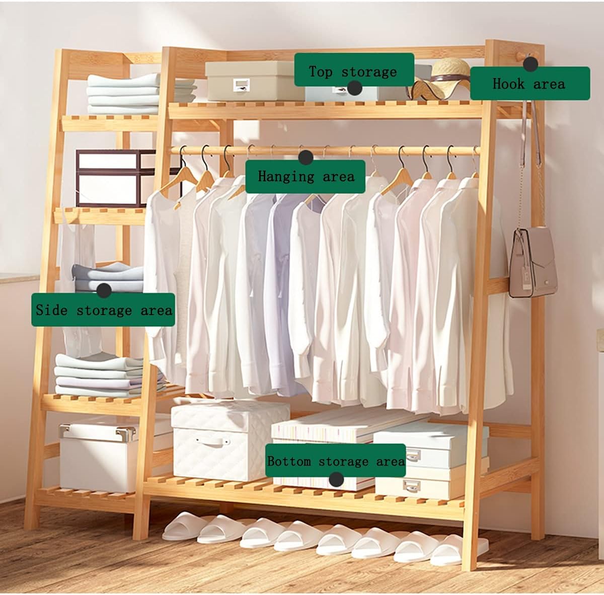 Wooden Clothing Garment Rack with Shelves, Heavy Duty Clothes Hanging Rails, Multifunctional Open Wardrobe for Bedroom and Living Room