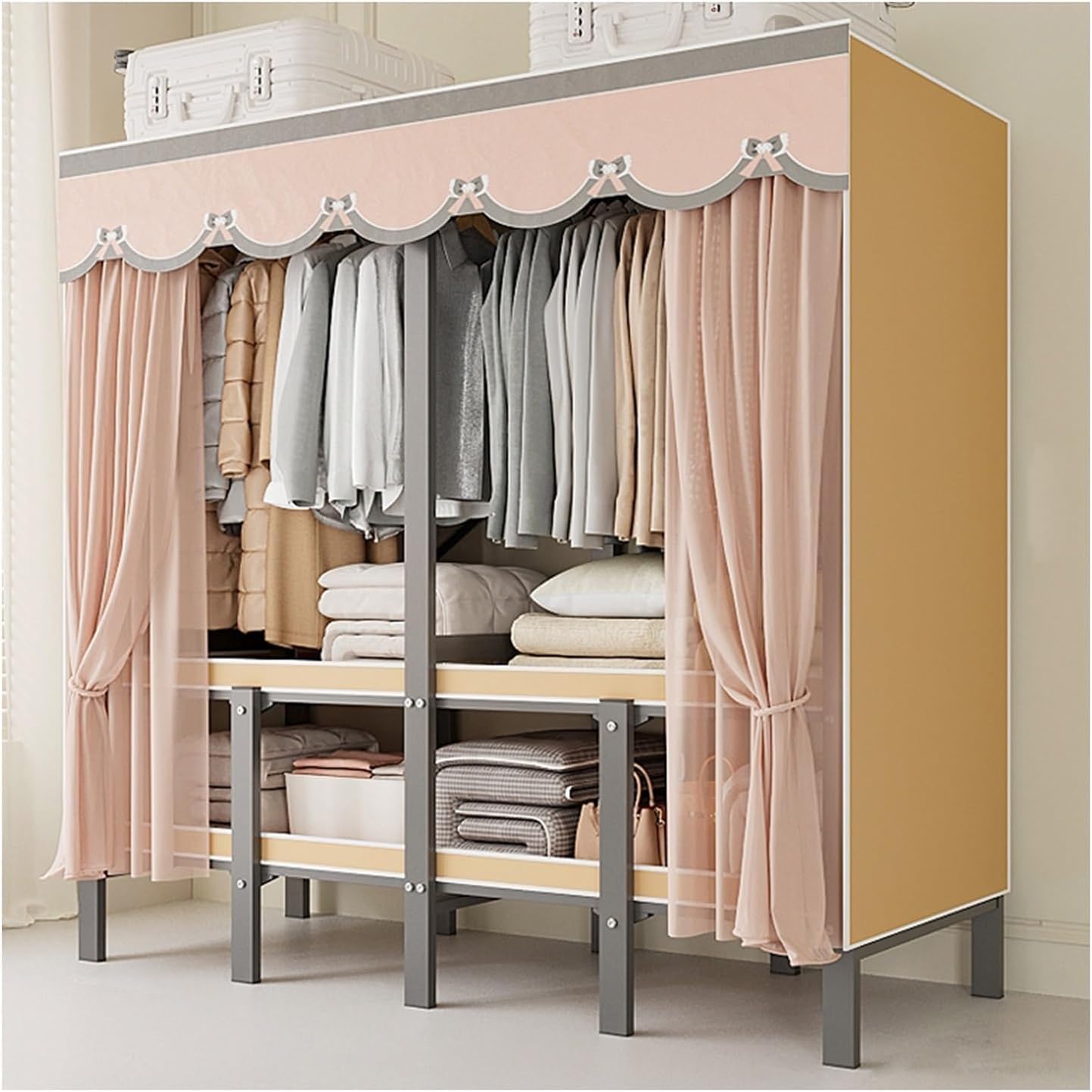 Clothing Storage Rack, Bedroom Wardrobe,Foldable Design Garment Rack,with Cotton Cover,Heavy-duty Portable Closet, Max Load 1100lbs,for Hanging Clothes (Color : Yellow, Size : 151cm)