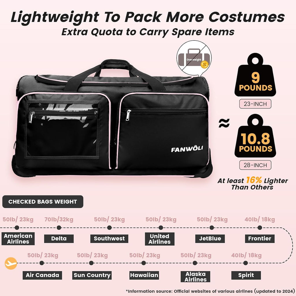 Fanwoli 23' Dance Bag with Garment Rack | Upgraded Stable System & Fabric | More Lightweight & Wear-Resistant | Ideal Competition Rolling Duffle Bag