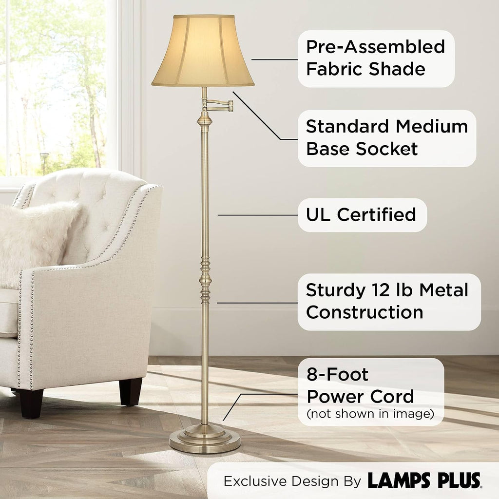 Regency Hill Montebello Traditional Adjustable Swing Arm Floor Lamp Standing 60' Tall Antique Brass Metal Column Golden Tan Bell Shade for Living Room Reading House Family Bedroom Home