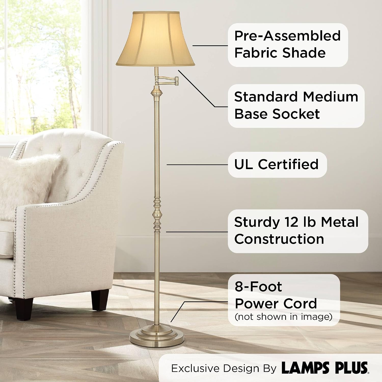 Regency Hill Montebello Traditional Adjustable Swing Arm Floor Lamp Standing 60' Tall Antique Brass Metal Column Golden Tan Bell Shade for Living Room Reading House Family Bedroom Home