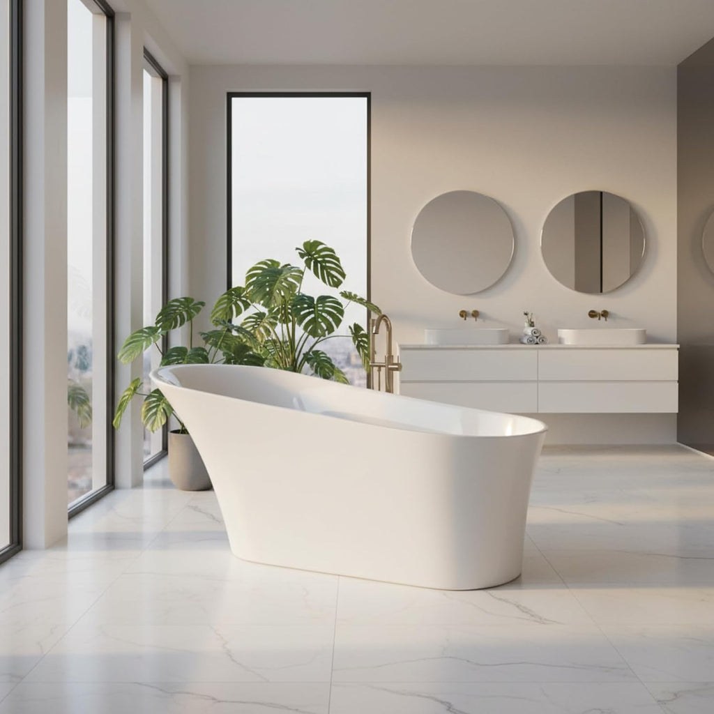 Arezzo 67' Freestanding Acrylic Bathtub with Chrome Drain, Glossy White Seamless Soaking Tub, Fiberglass Reinforced with Leveling Legs, 49 Gal Capacity