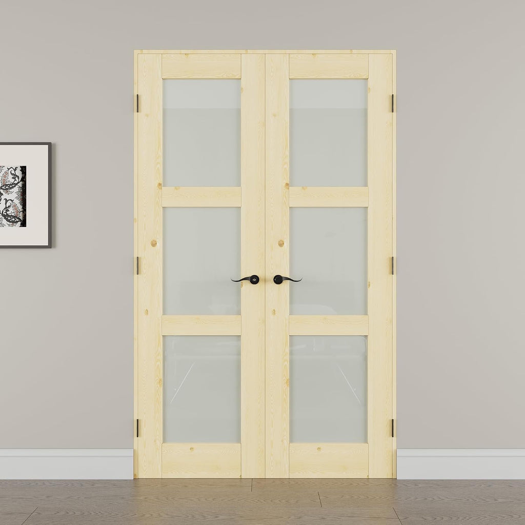 56' x 80' French Doors Interior (Double 28' x 80' 3-Lite Frosted Glass Pine Wood Door with Black Hinge Prehung Jamb Kit), Unifinished Natural Wood, Prebuilt Home Door Panels & Assembly Required Jamb