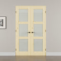 56' x 80' French Doors Interior (Double 28' x 80' 3-Lite Frosted Glass Pine Wood Door with Black Hinge Prehung Jamb Kit), Unifinished Natural Wood, Prebuilt Home Door Panels & Assembly Required Jamb