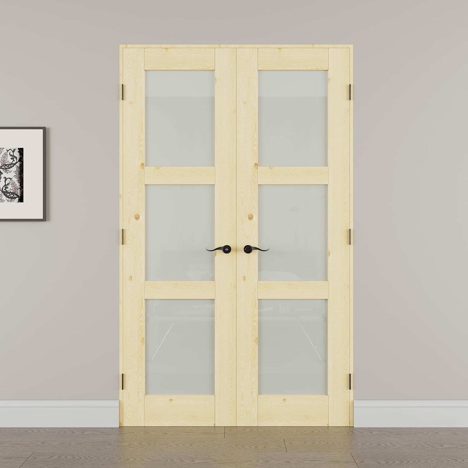 56' x 80' French Doors Interior (Double 28' x 80' 3-Lite Frosted Glass Pine Wood Door with Black Hinge Prehung Jamb Kit), Unifinished Natural Wood, Prebuilt Home Door Panels & Assembly Required Jamb