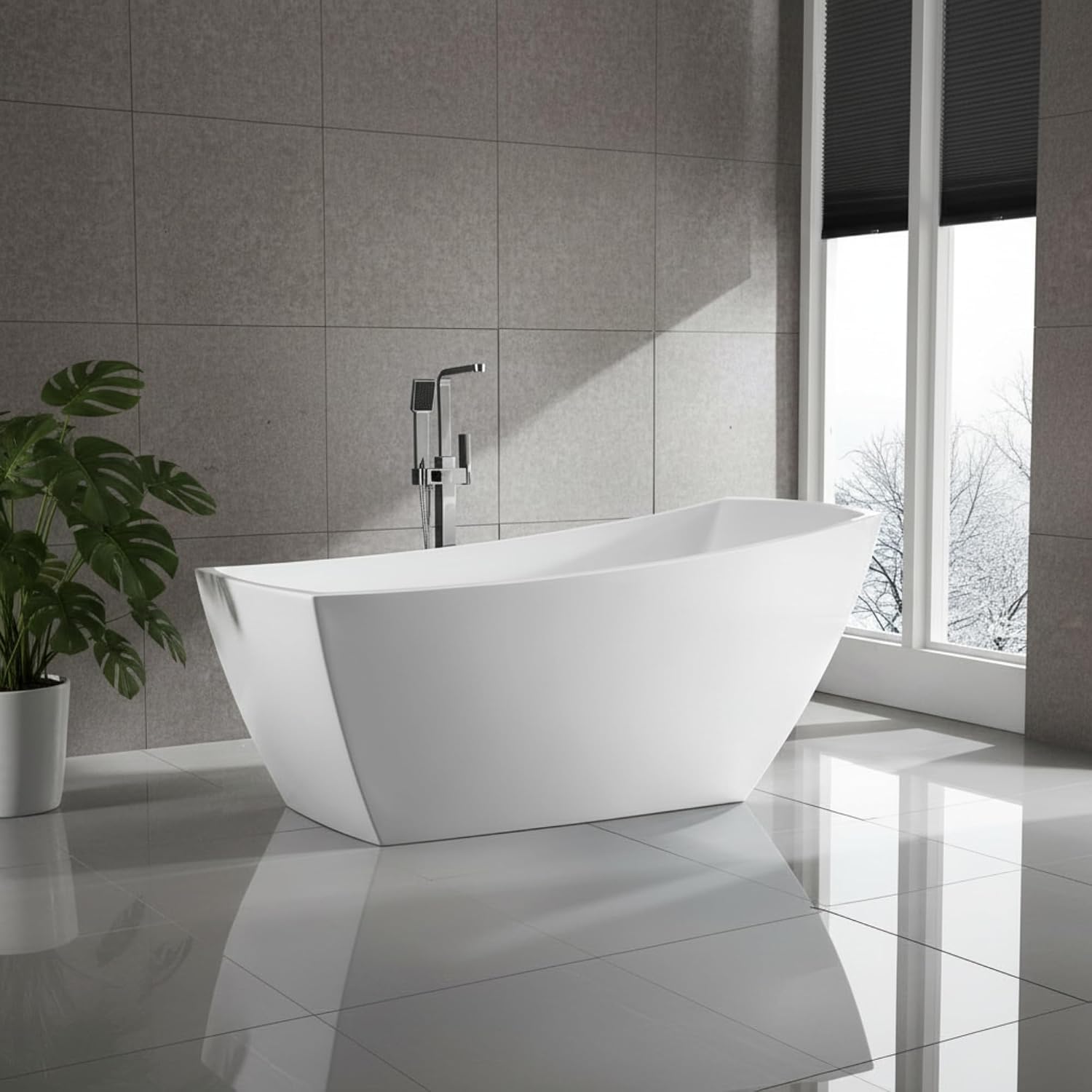 Albi 67' Freestanding Acrylic Bathtub with Chrome Drain, Glossy White Seamless Soaking Tub, Fiberglass Reinforced with Leveling Legs, 56 Gal Capacity