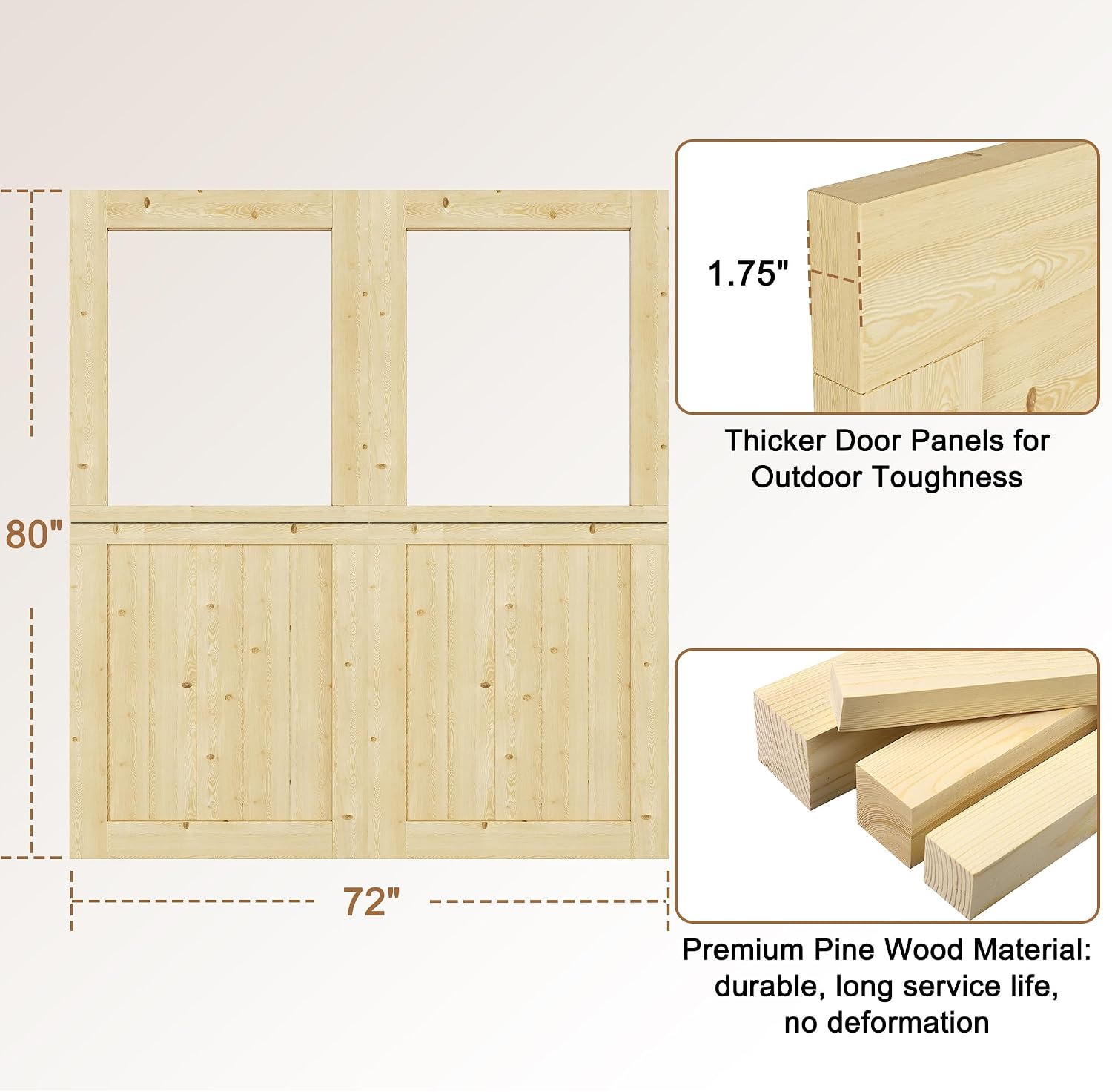 Exterior Dutch Door Slab, 72' x 80', Universal 1 Lite Panel Split Single Doors, Solid Core Home Door, Natural Pine Wood - with 8 Black Hinges & 2 Latch, Without Jamb