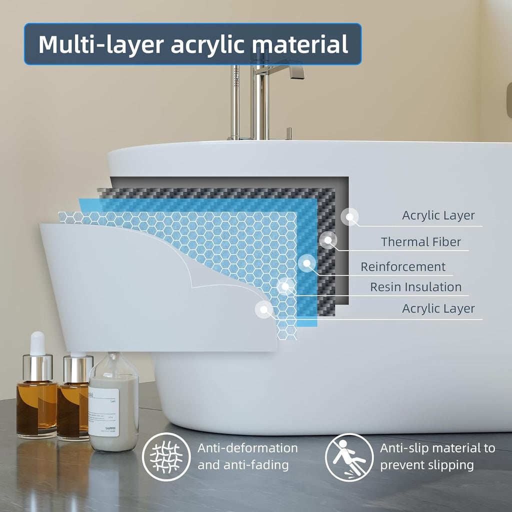59' Acrylic Freestanding Bathtub, Stand Alone Soaking Tub In Black with Matte Silver Drain/Overflow Kit, Deep Soaker Bath for Bathroom Renovation, Quick Install, Luxurious Modern Design