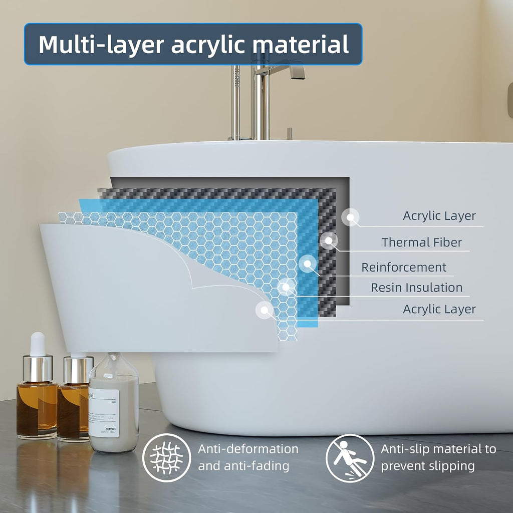 59' Free Standing Tub, Acrylic Soaking Bathtub, Stand Alone Freestanding Tub with Matte Sliver Drain and Overflow, Contemporary Bathtub for Bathroom, Burnish White