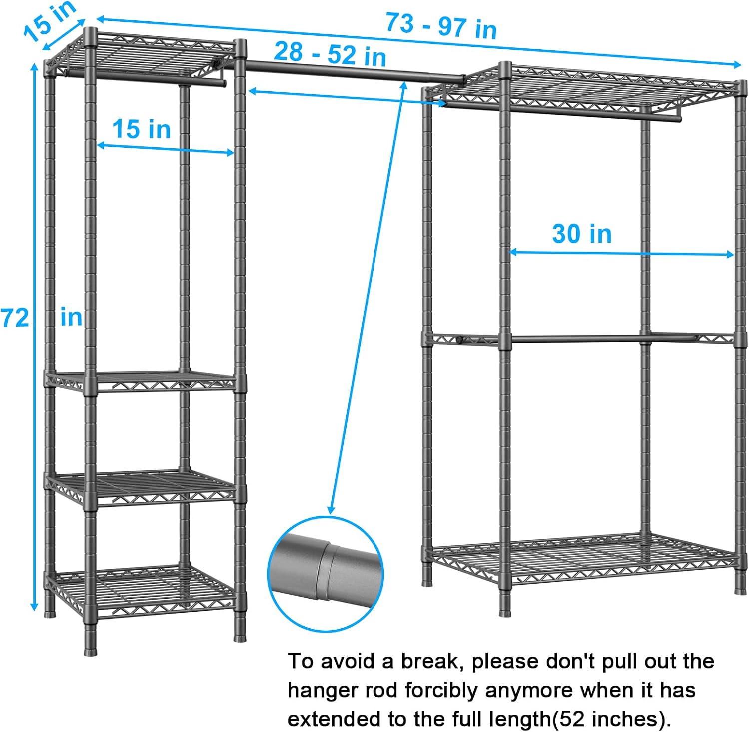 Ulif E10 (With Stretchable Hanger Rod) and E12C (With Black Dustproof Cover) Heavy Duty Closet Organizer System, Freestanding Clothing Rack for Hanging Clothes, Adjustable Garment Rack