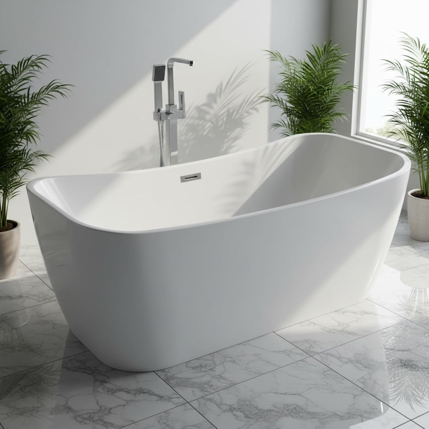 Arles 67' Freestanding Acrylic Bathtub with Chrome Drain, Glossy White Seamless Soaking Tub, Fiberglass Reinforced with Leveling Legs, 68 Gal Capacity