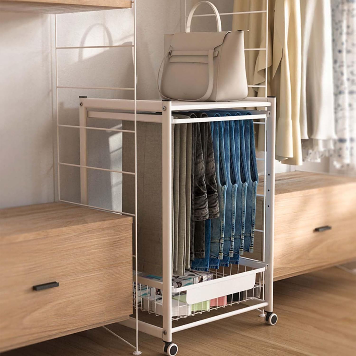 Display Stand Pants Hangers Rolling Trolley Trousers Rack, Jeans Hangers Metal Scarves Rack Clothing Closet Organizer Shelf, Multipurpose Blanket Rack (Beech Color-L46.5*W41.5*H73.7 CM -A