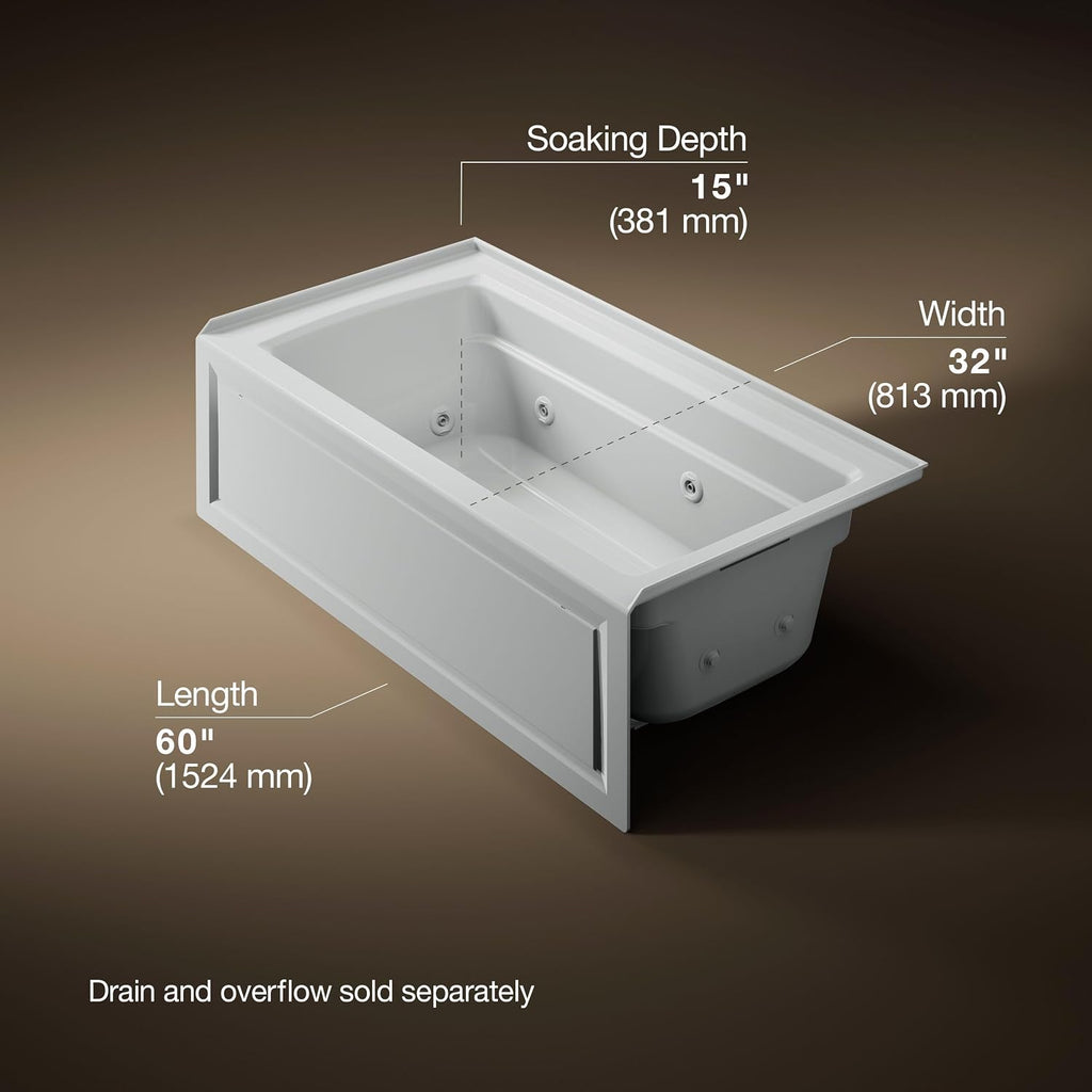 Kohler K-1122-RA-95 Archer 5Ft Whirlpool with Comfort Depth Design, Integral Apron and Right-Hand Drain, Less Heat, Ice Grey