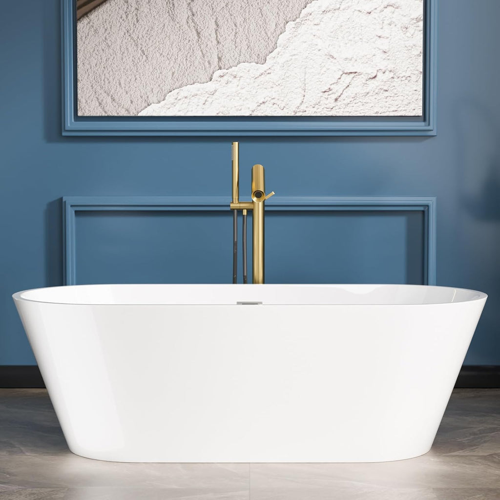 Sarlai 67 Inch Acrylic Freestanding Soaking Bathtub Contemporary Soaking White Tub Stand Alone Ergonomic Bathtub with Chrome Drain and Overflow