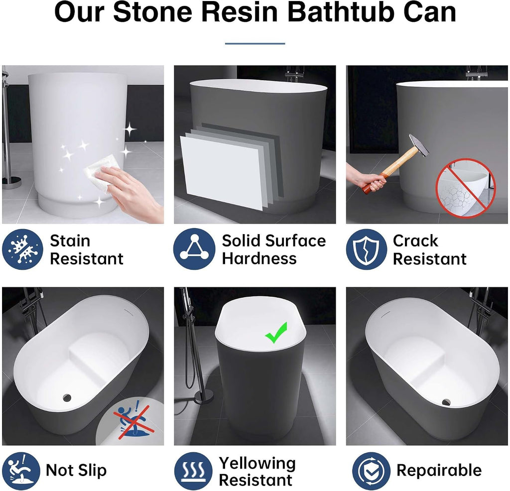 39' Japanese Soaking Bathtub, Freestanding Solid Surface Resin Stone Bathtub Modern Stand Alone Tub with Pop-up Drain and Overflow, cUPC Certified, Matte White 328MW1000