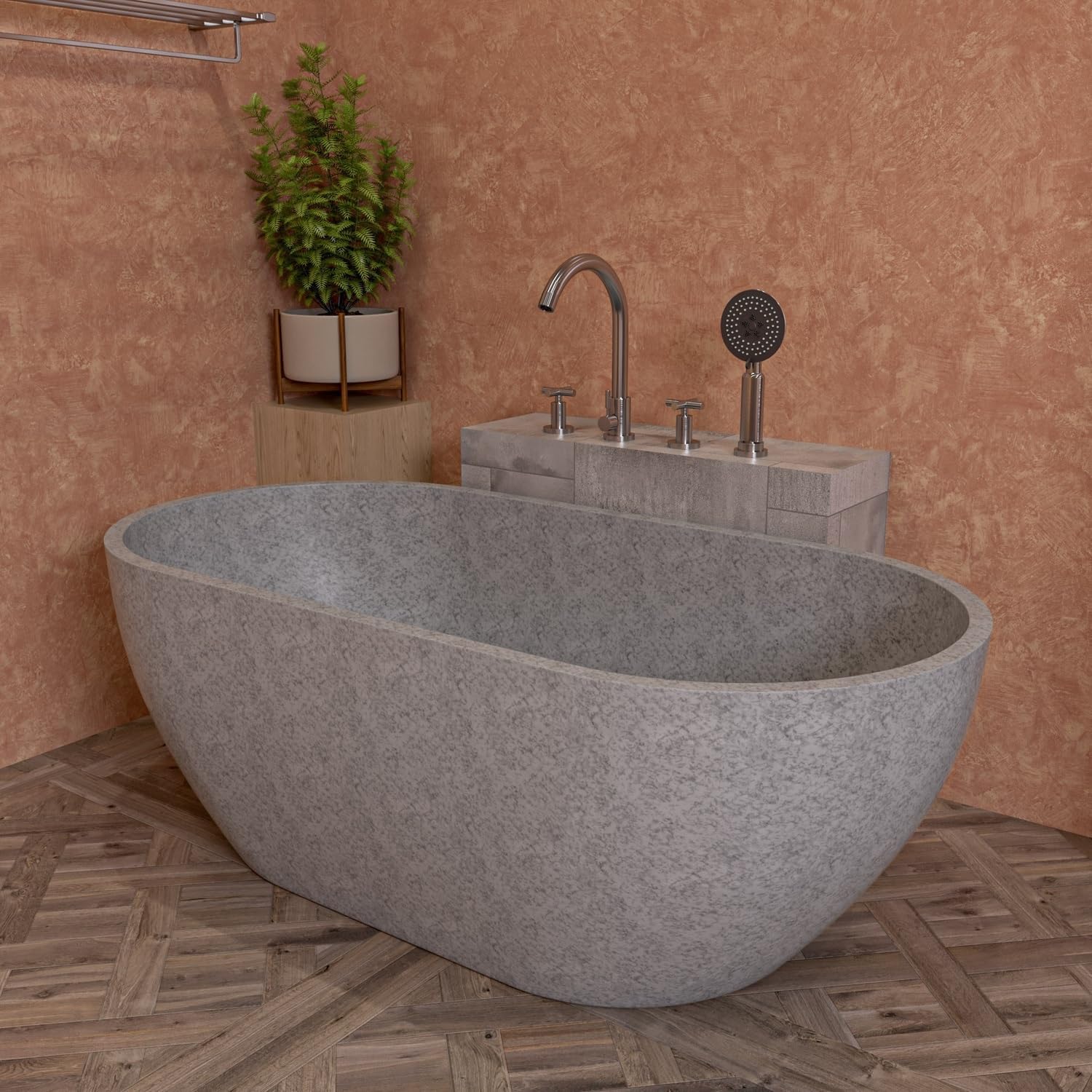 HomeStock 59' Solid Concrete Freestanding Bathtub - Modern Oval Soaking Tub - Gray