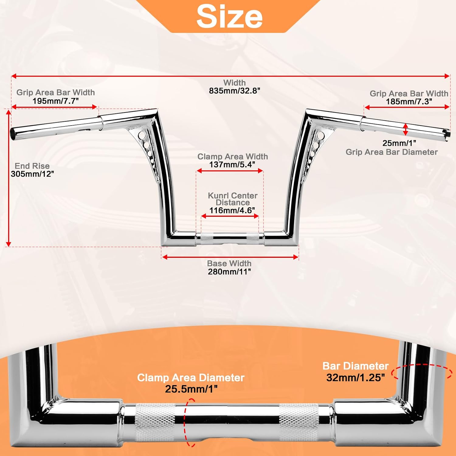12' Rise Handlebar Ape Bar 1-1/4' Motorcycle Handle Bar Replacement for Harley Davidson Sportster 1984-2022 Road King 1994-2022 Road Glide 1998-2013 Softail 1984-2024 Dyna 1993-2017, Chrome