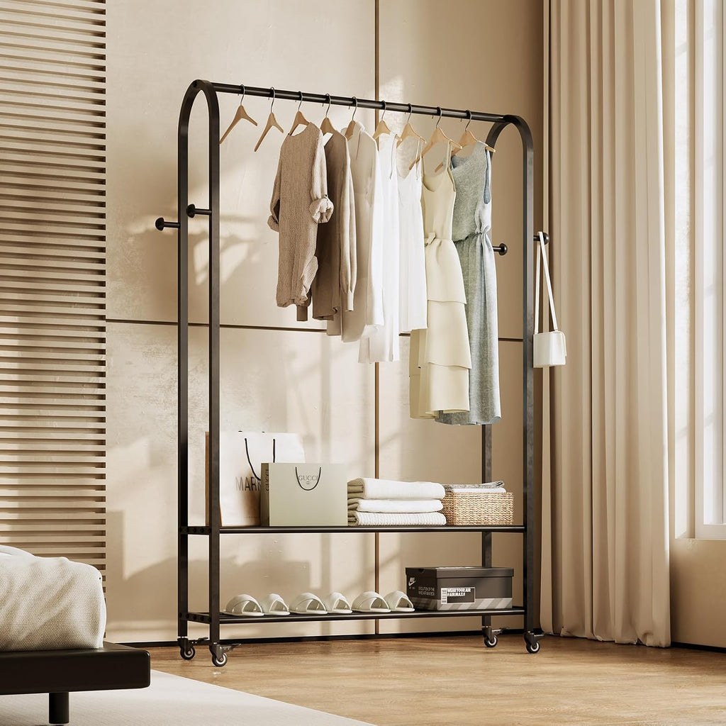 Sturdy Heavy Duty Clothes Rack With Wheels,Modern Clothing Rack With Shelves & hooks, Garment Racks for Hanging Clothes,Closet Rack for Bedroom,49.2in Wide,Clothes Storage and Display (black)