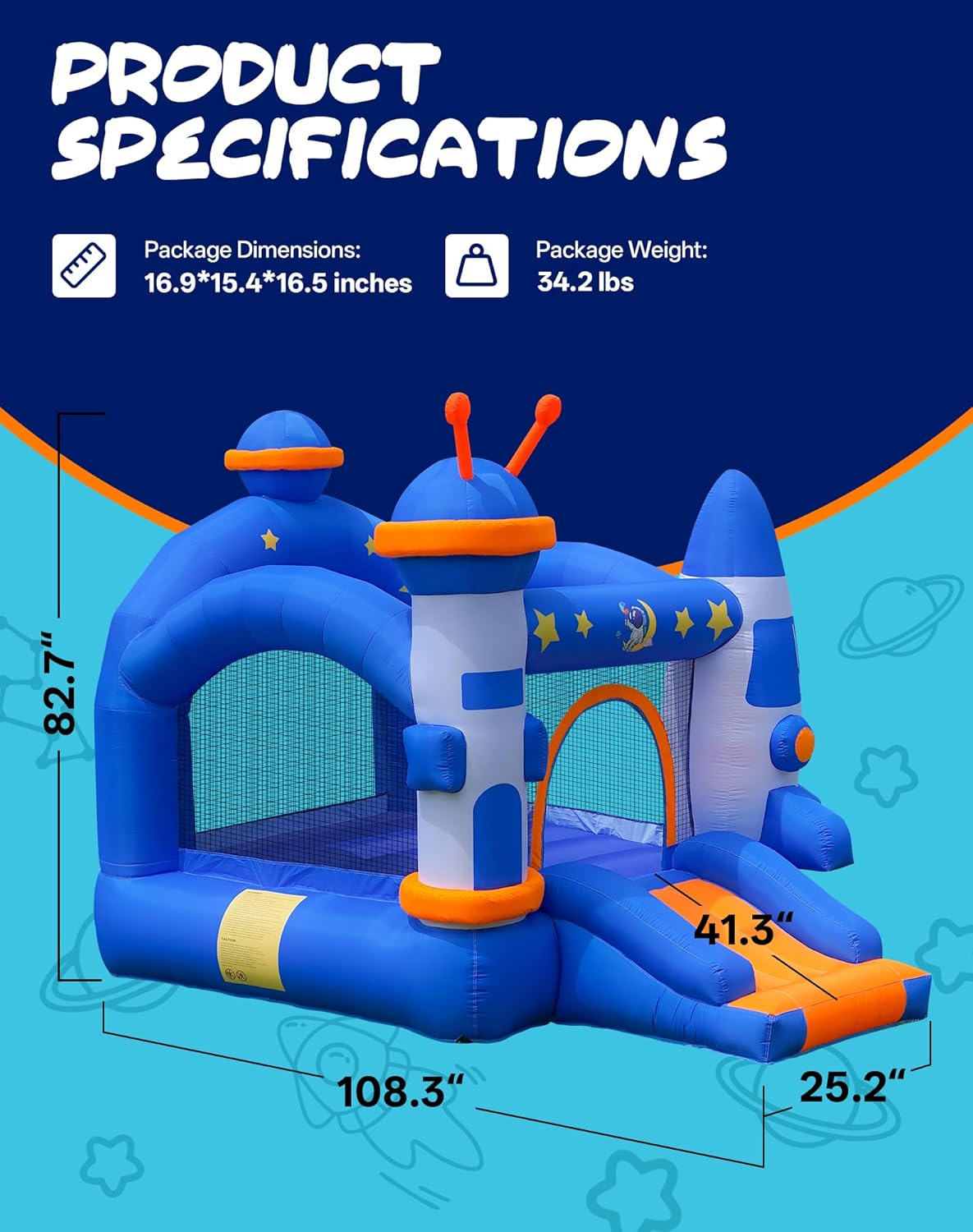 Bounce House, Inflatable Bouce House for Kids 3-6 with Basketball Hoop Jump Area and Slide, Space-Themed Inflatable Bouncy Castle with Air Blower for Indoor/Outdoor